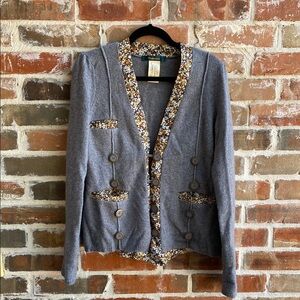 Anthropologie Cartonnier Gray Cardigan with Floral Trim and Button Details